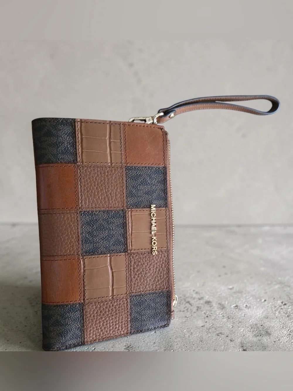 Michael Kors Adele Patchwork Leather Zip Wallet in Brown and Dark Brown